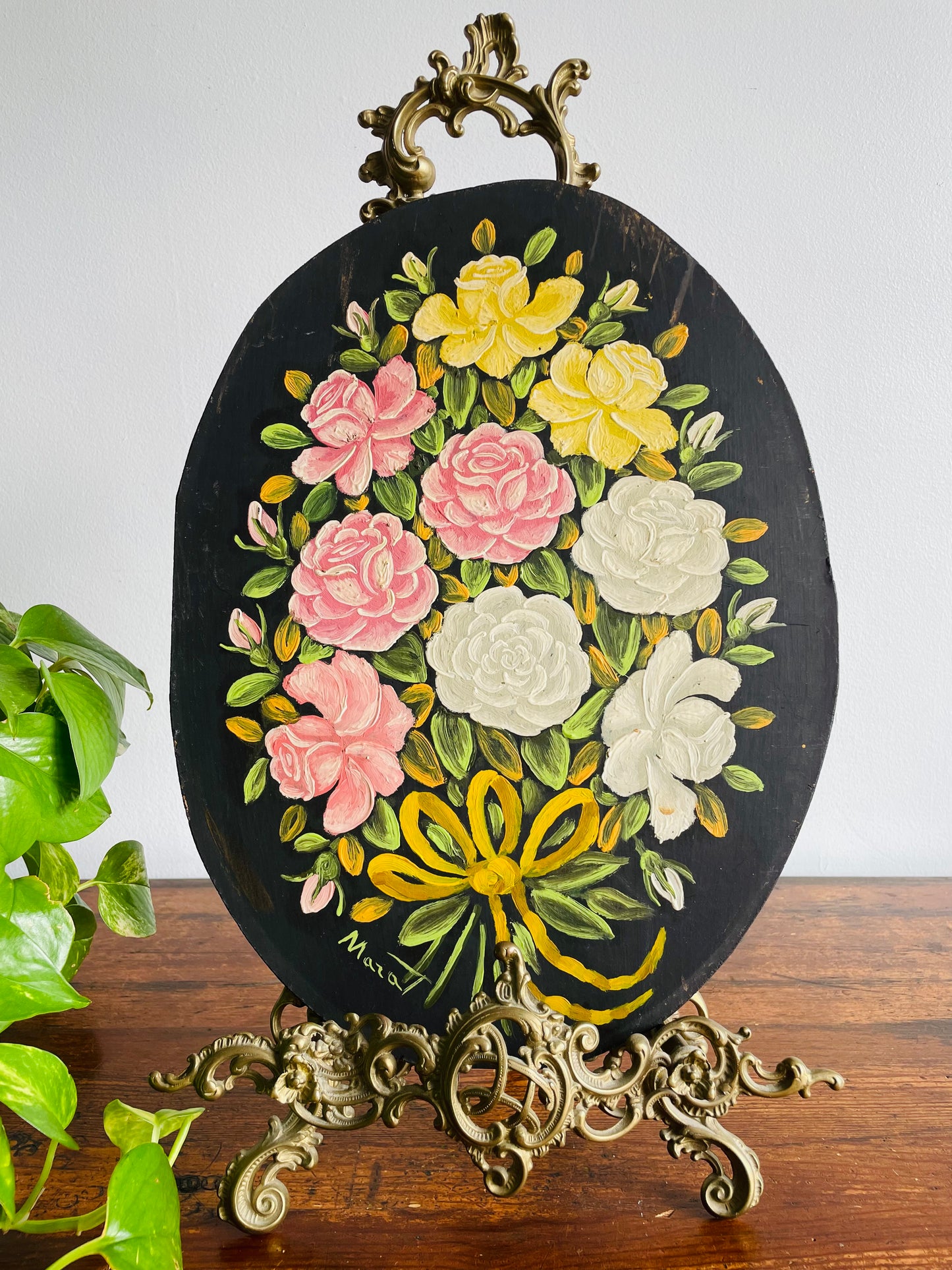 Original Art Oval Painting of Flower Bouquet - Signed by Artist - Found in Lisbon, Portugal