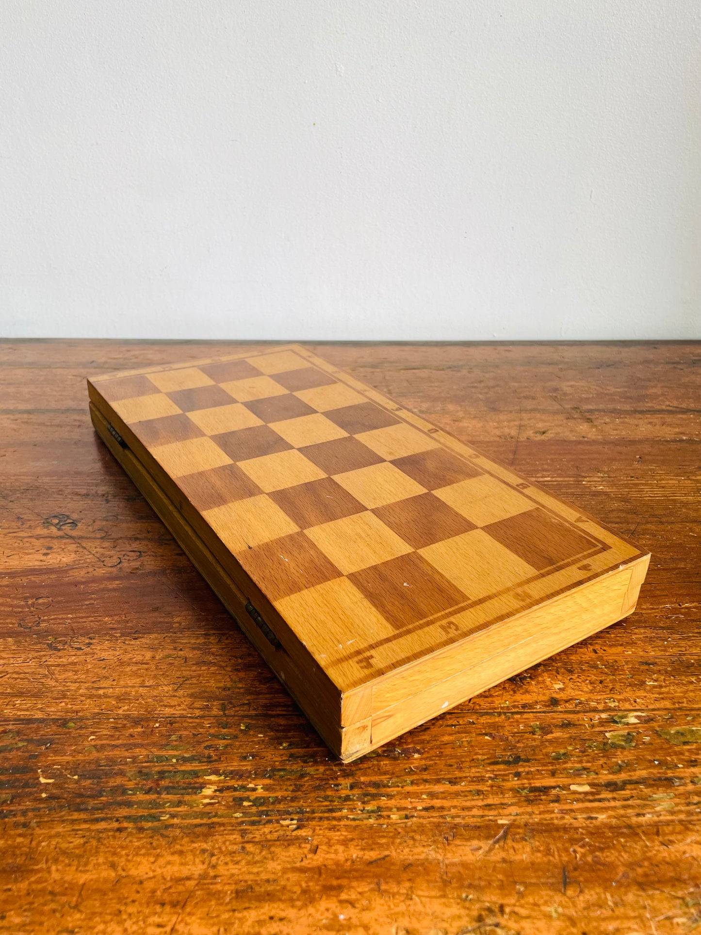 Vintage Hinged Folding Wood Chess Board Travel Case with Felt-Bottomed Wood Playing Pieces - Made in Poland