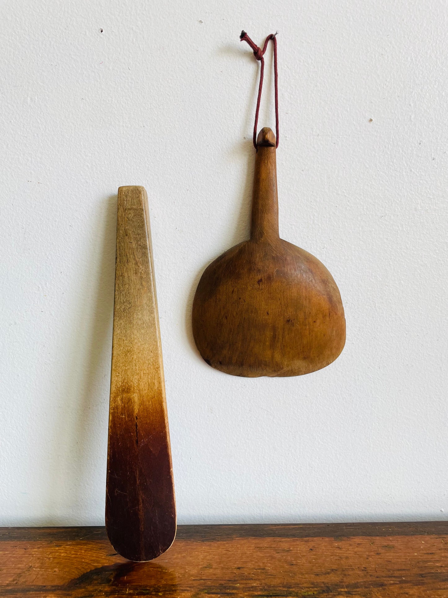 Antique Primitive Wood Farmhouse Kitchen Utensil Set - Scoop Paddle on Rope & Spatula Spoon - Set of 2