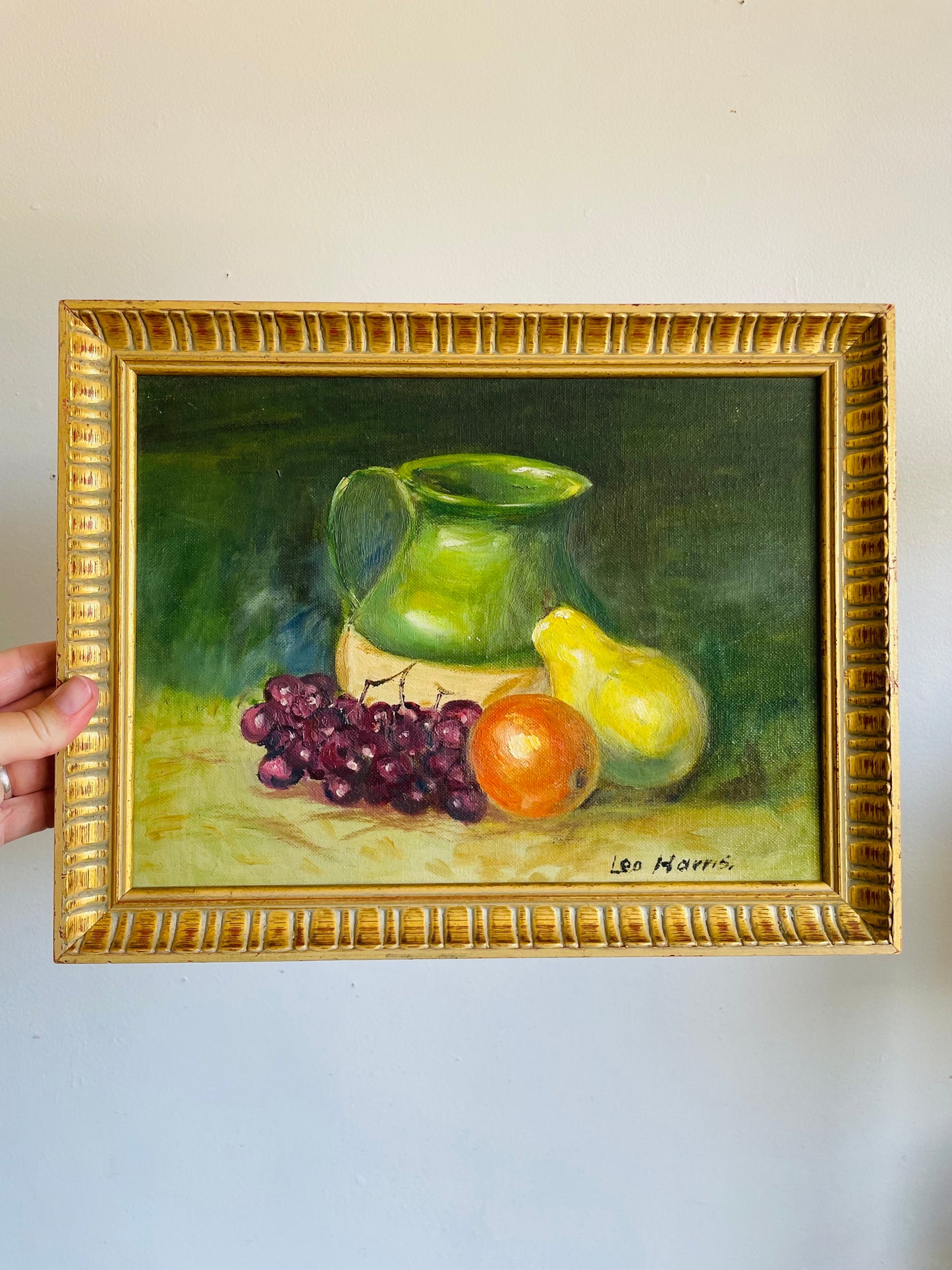 Vintage Original Art Painting of Still Life Scene with Fruit & Pottery Jug - Signed Leo Harris