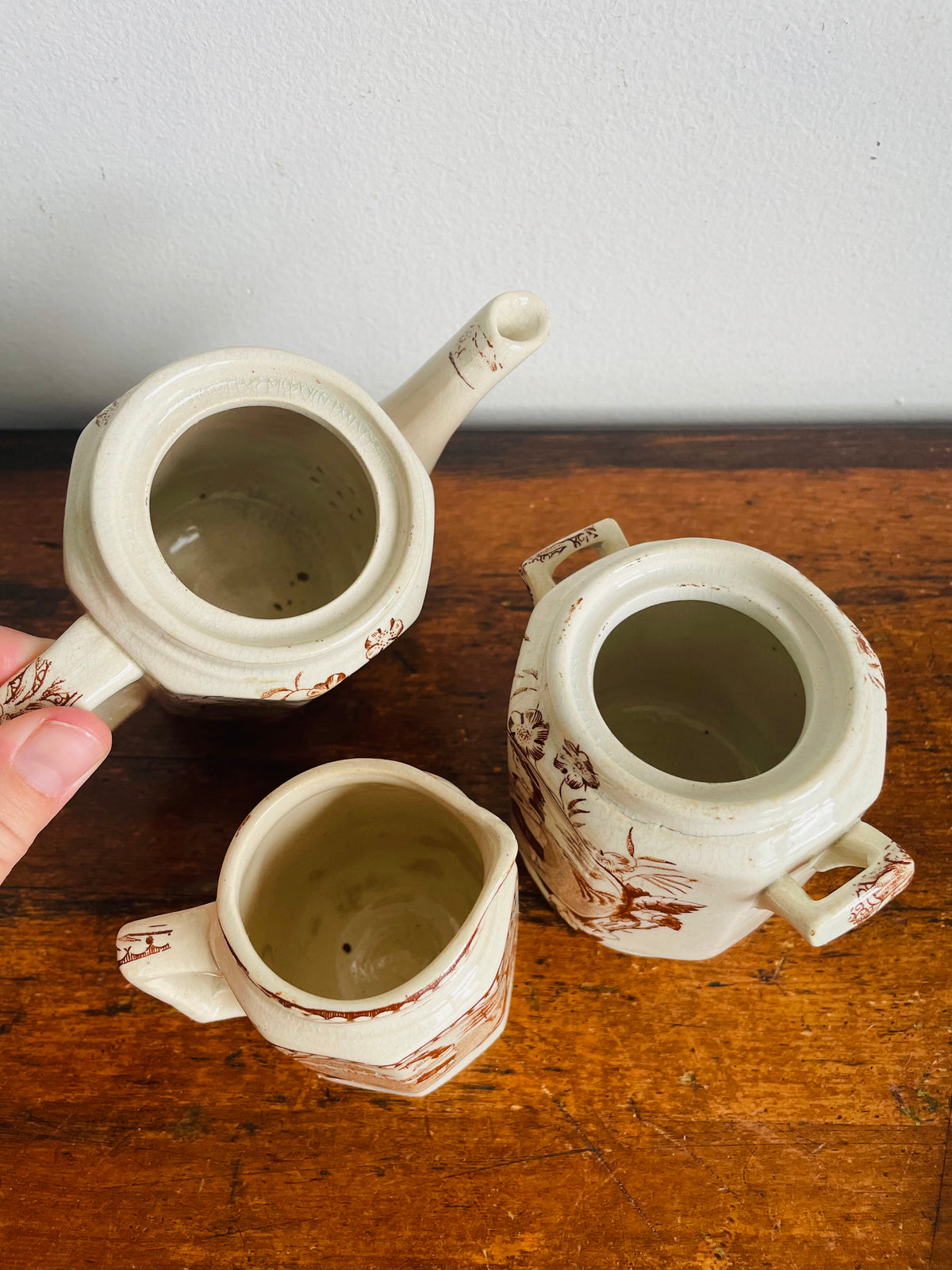 Antique Late Victorian 1880-1890 "Little May / Mae" Pattern 753 Sepia Brown Transferware Children's Toy Tea Set - Charles Allerton & Sons England - Plates, Bowl, Creamer, Biscuit Jar & Teapot - Set of 6 Pieces
