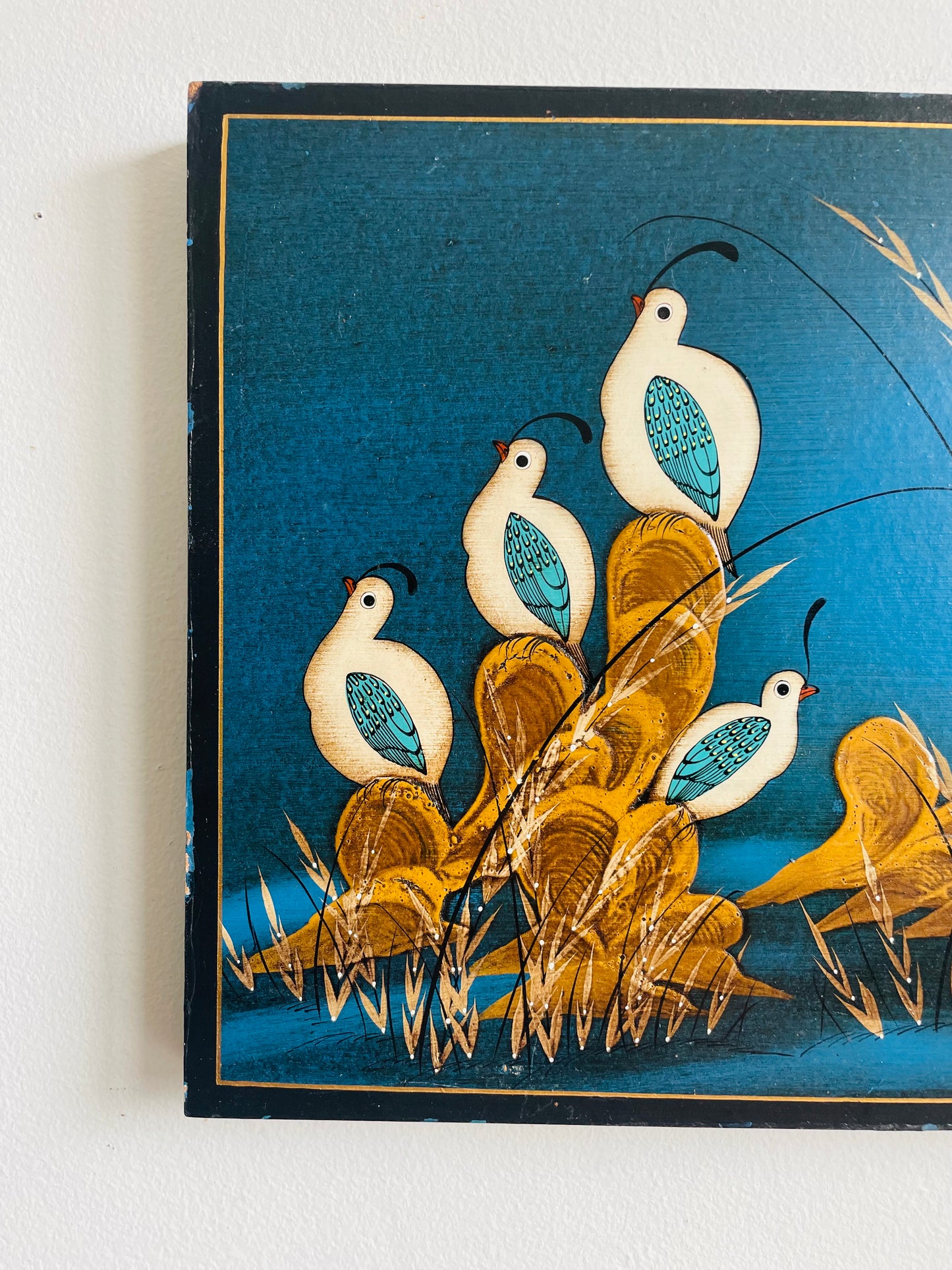 Vintage Mexican Folk Art Painting of Quail Birds with Sun & Blue Background - Artist Signed Salazar G.