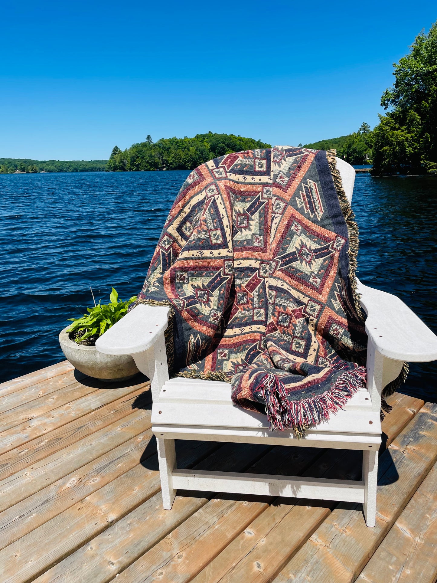 Shades of Navy & Maroon Thick Blanket with Aztec Style Print & Fringe