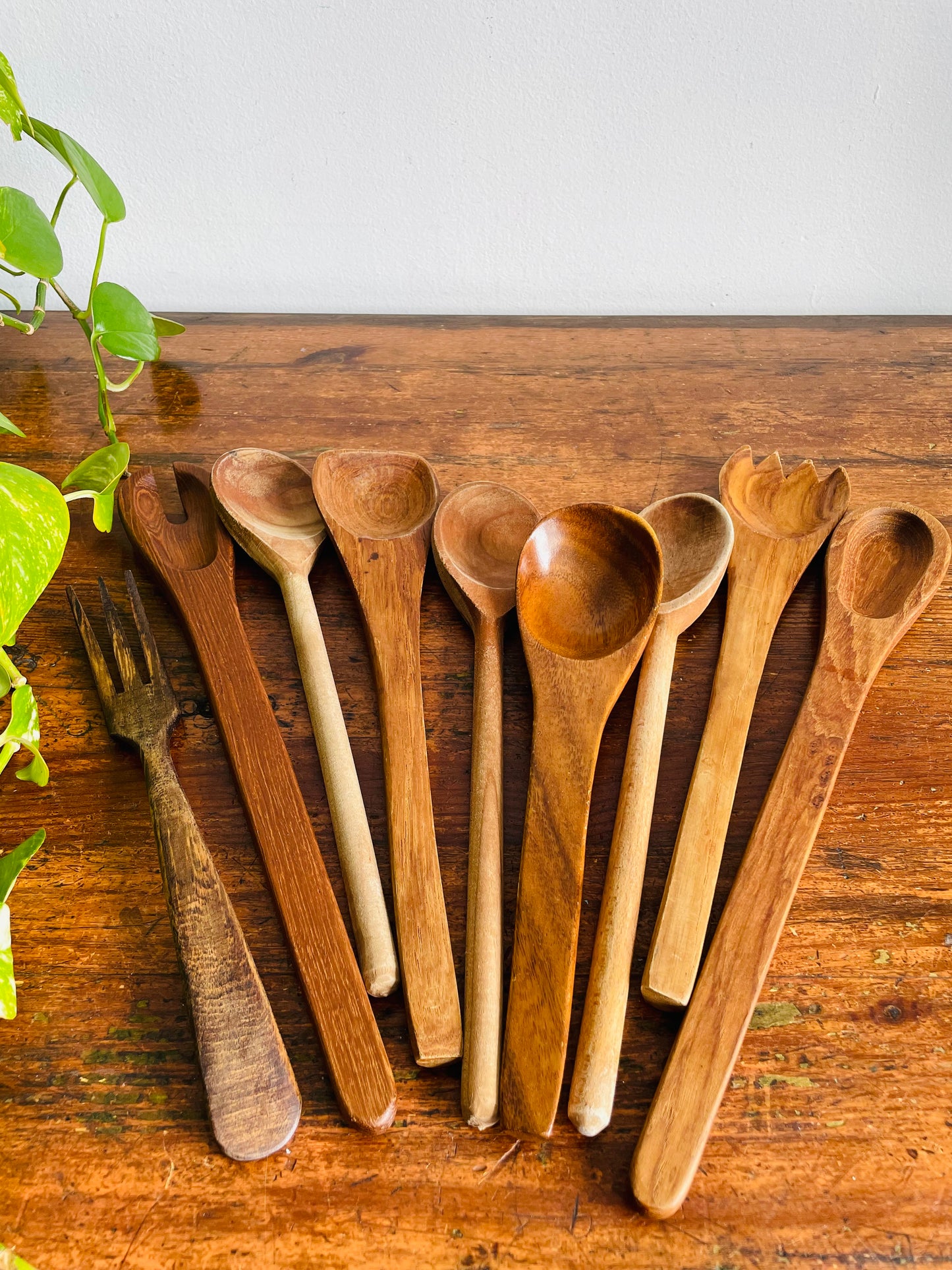 Vintage Collection of Wood Spoons & Serving Utensils - Includes 9 Pieces - Great for Kitchen or Staging!