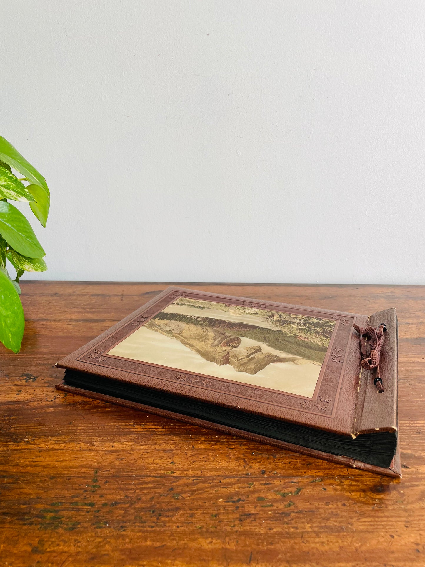 Antique Photo Album or Scrapbook - Brown with Embossed Maple Leaves & Landscape Photo of Mountain with Cabins - Black Pages - Empty