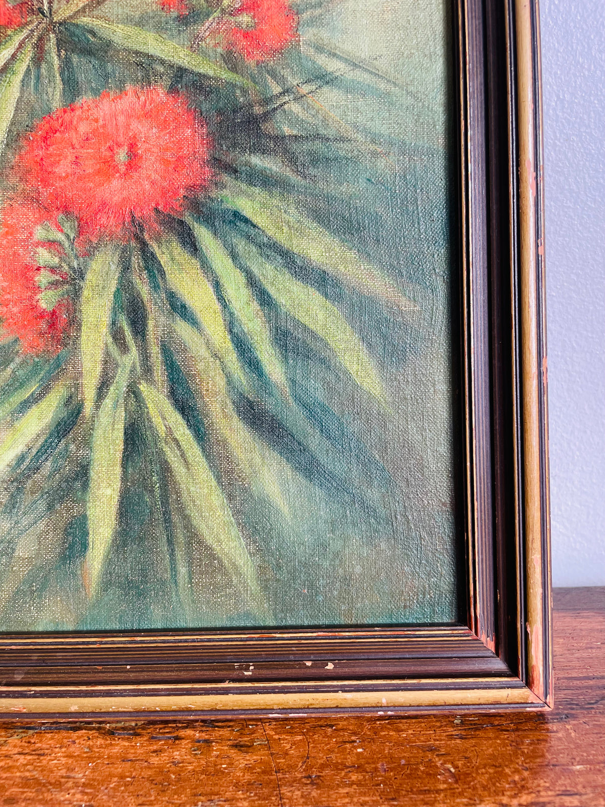 Vintage Very Old Original Art Painting of Red Flowers Among Green Foliage in Dark & Moody Colours - Artist Signed