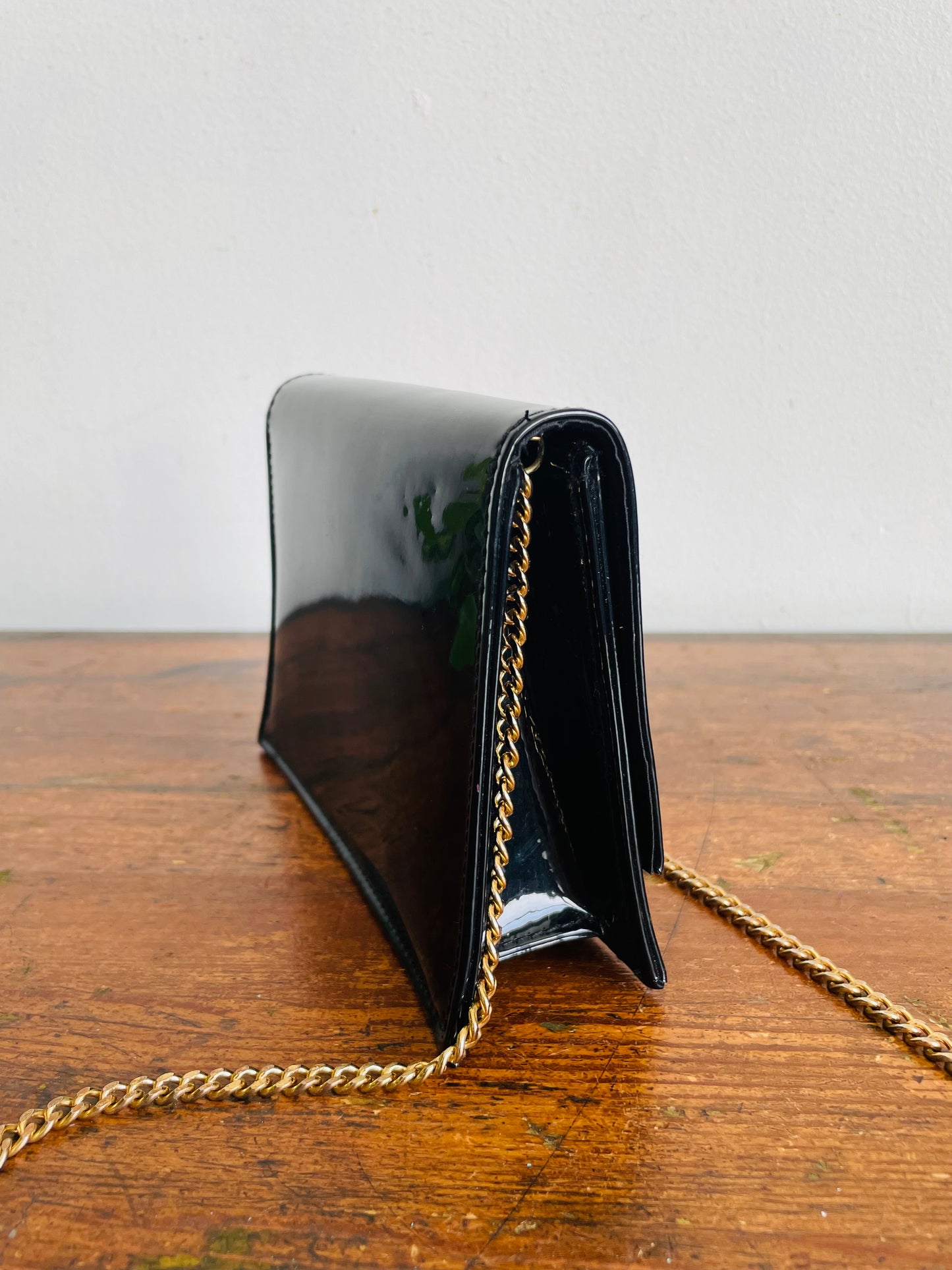 Vintage Little Black Patent Leather Crossbody Clutch Purse on Long Brass Gold Chain