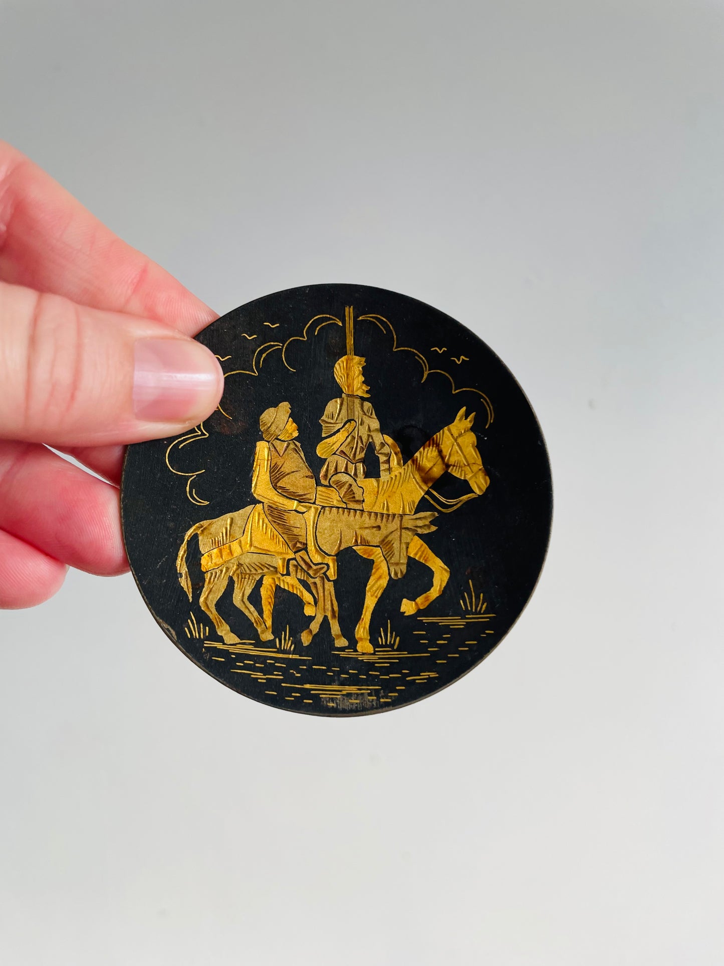 Spanish Damascene Gold Footed Dish Plate with Don Quixote & Sancho Panza Design