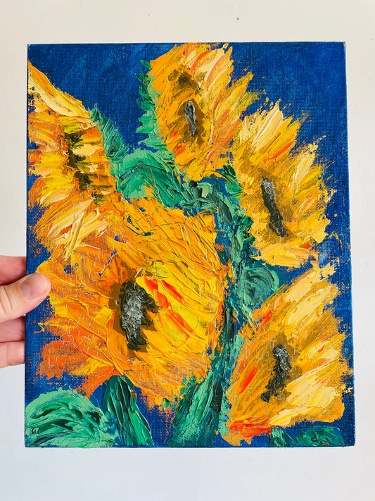 Original Art Oil Painting on Canvas of Bright Yellow Sunflowers on Blue Background - 8" x 10"