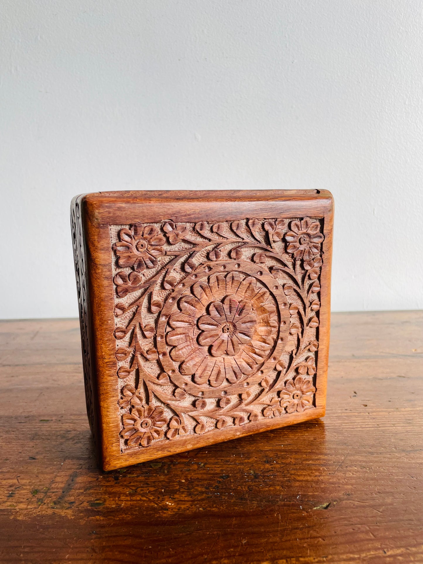 Square Indian Rosewood Box with Hinged Lid & Ornate Carved Flower Design