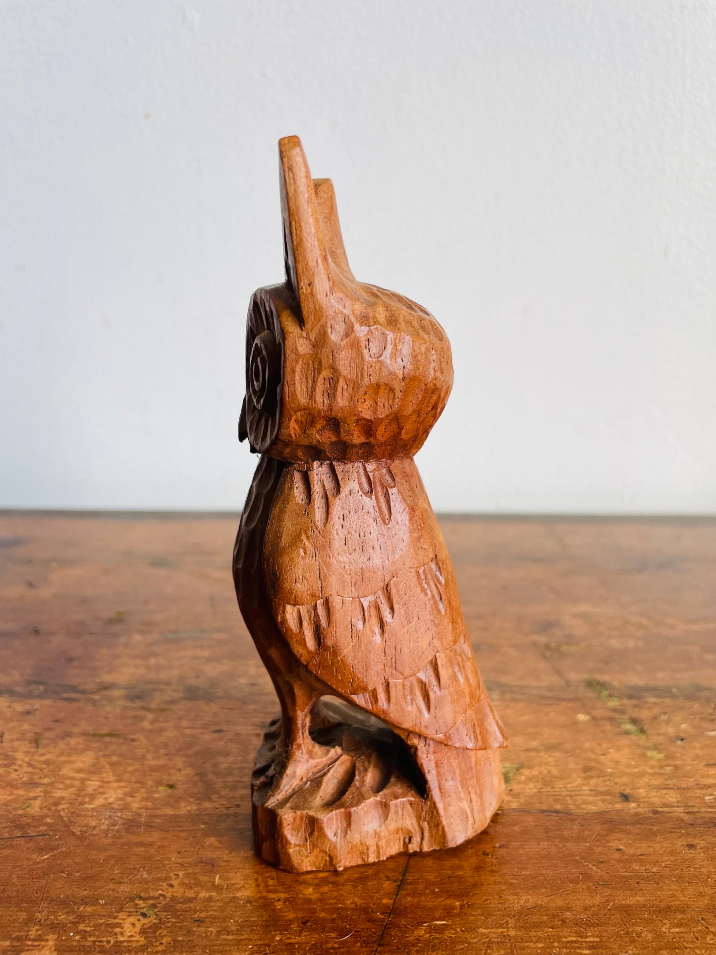 Vintage Mid-Century Modern Hand Carved Wood Owl Statue Figurine with Big Eyes