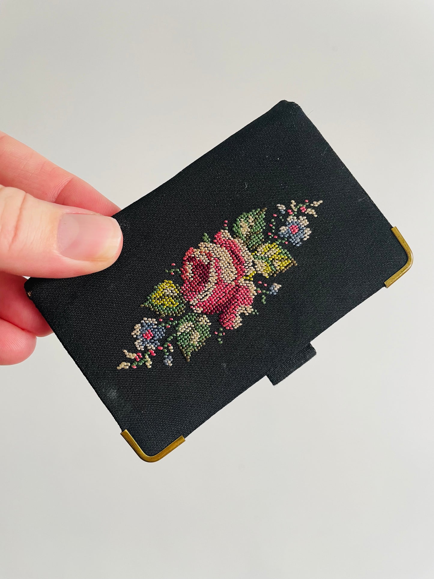 Pocket Sewing Kit in Clip Booklet Case - Made in Western Germany - Black with Brass & Petit Point Floral Embroidery