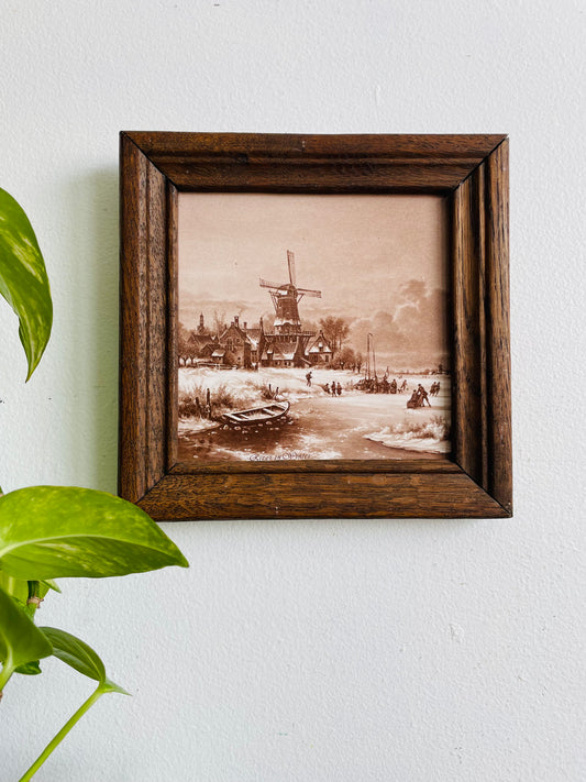 Framed Mosa Tile with Sepia Toned Village Scene - River in Winter - Made in Holland