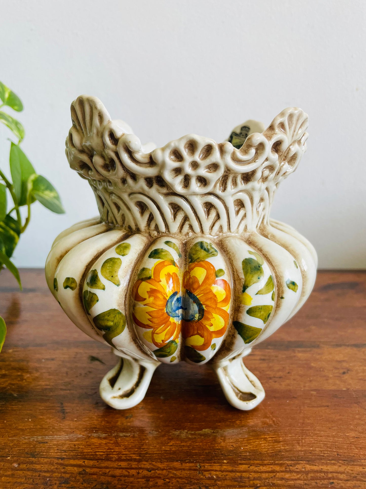 Vintage Belfor Hand Painted Italian Pottery Planter Pot with Floral Design - Made in Italy