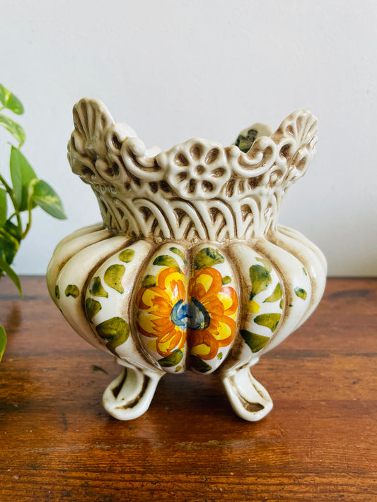 Vintage Belfor Hand Painted Italian Pottery Planter Pot with Floral Design - Made in Italy