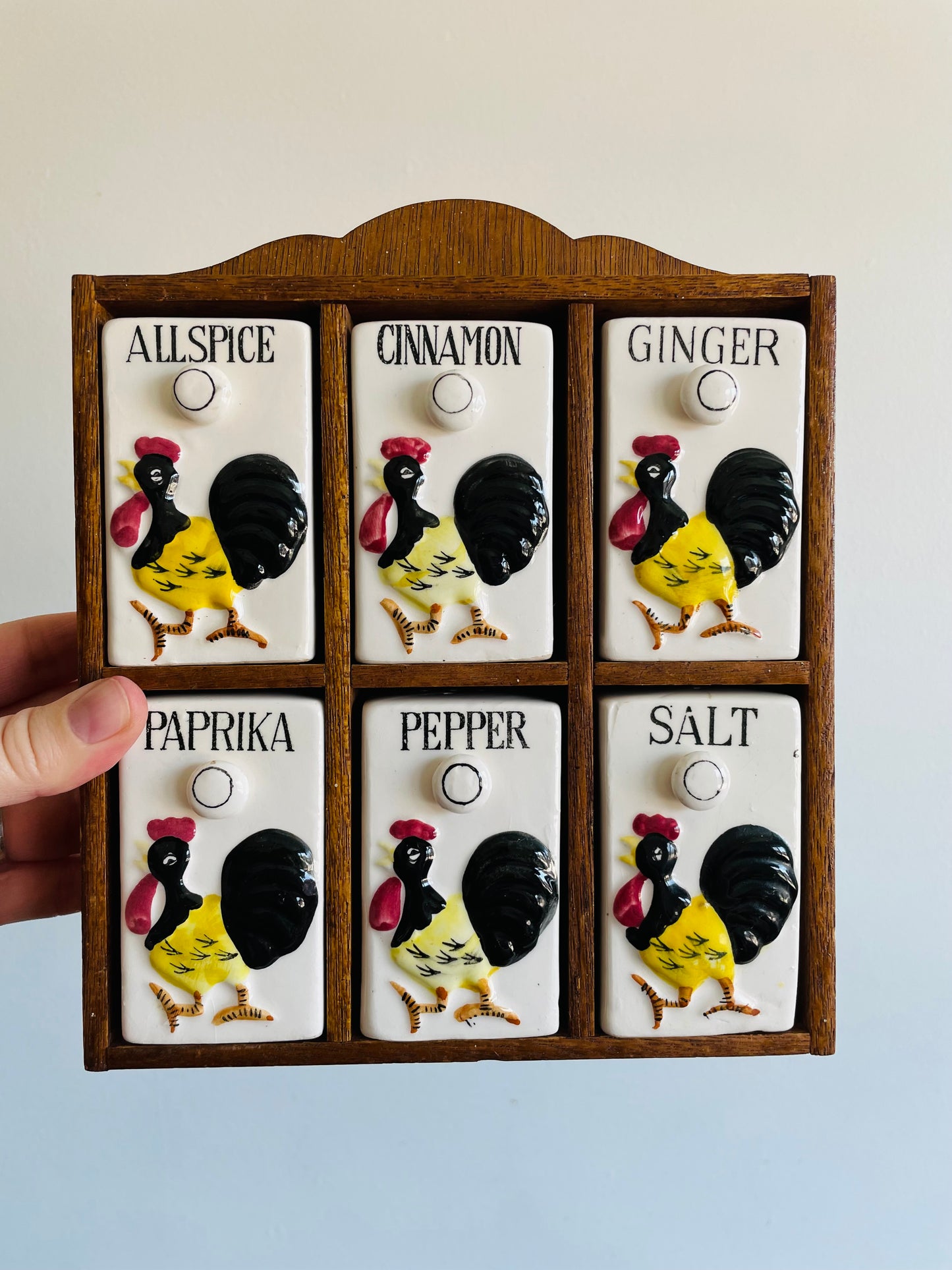1950s Wall Mounted Spice Rack with Rooster Ceramic Jars - Made in Japan