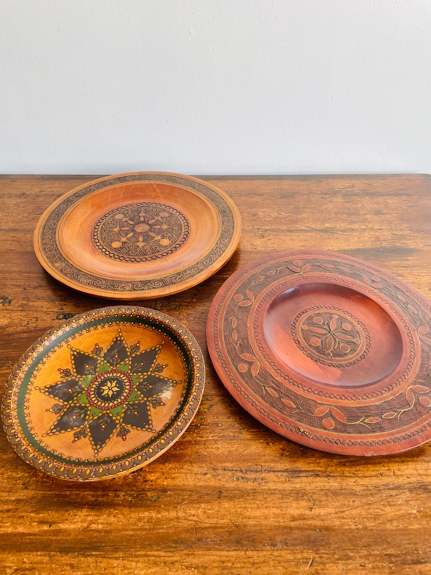 Romanian & Polish Wood Folk Art Plates - Set of 3