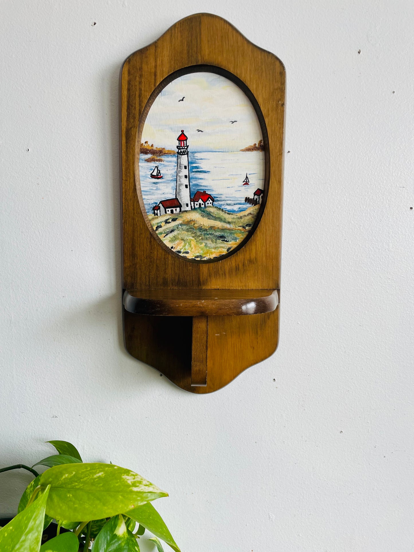 Vintage Original Art Painting of Lighthouse Nautical Scene in Hanging Wood Wall Shelf Ledge - Artist Signed