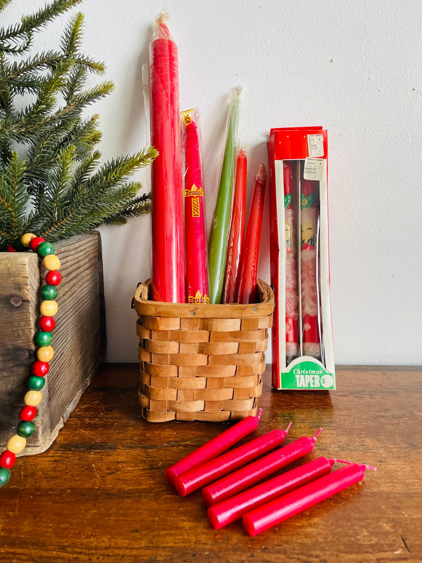 Brand New Vintage Collection of Christmas Candles in Wicker Basket - Assorted Sizes & Shapes, Red & Green - Includes Santa Face Candles in Original Box - Set of 12 Candles + Basket