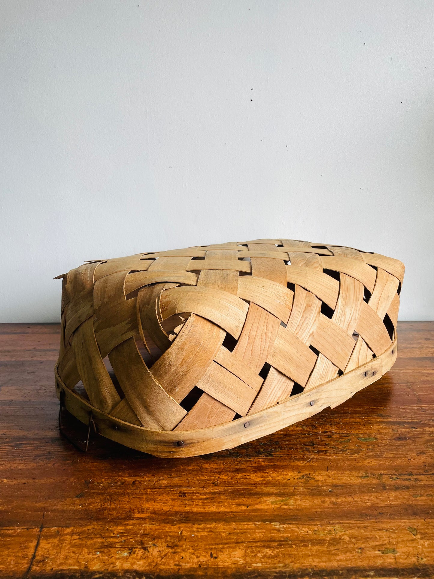 Vintage Oval Woven Wood Wide Slat Basket with Metal Handles - Great Storage & Can Hang Too!