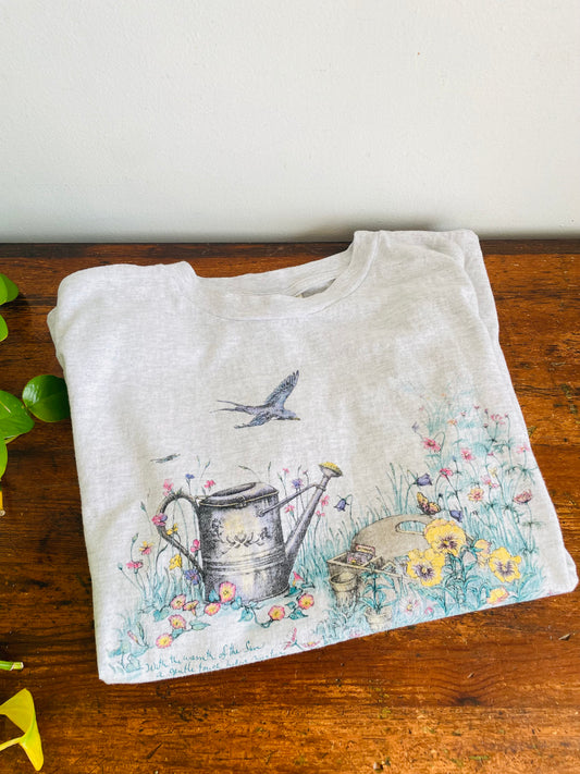 Vintage Northern Reflections 100% Cotton Pale Grey T-Shirt with Flower Garden & Bird Scene - Oversized Large - Made in Canada