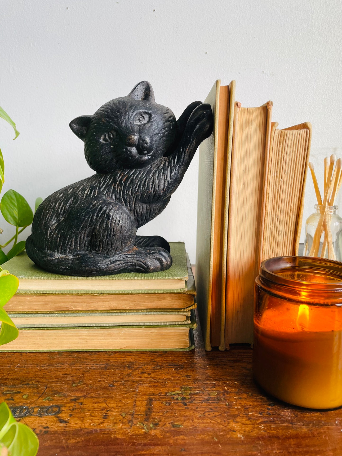 Vintage Very Solid & Heavy Cast Iron Playful Kitten Cat Doorstop or Bookend