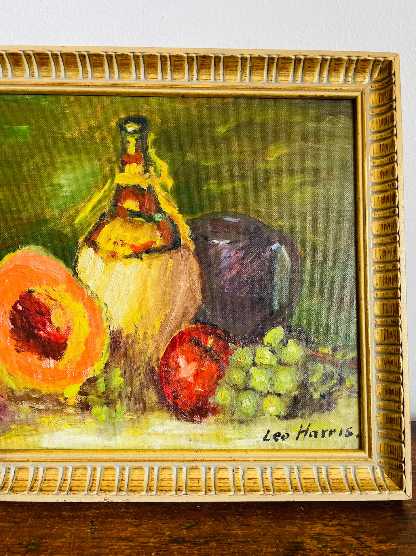 Vintage Original Art Painting of Still Life Scene with Cantaloupe, Other Fruit & Wine Jug - Signed Leo Harris