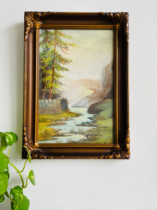 Antique Pastel Painting Picture in Ornate Frame - Landscape Nature Scene of Mountains, Forest & Stream