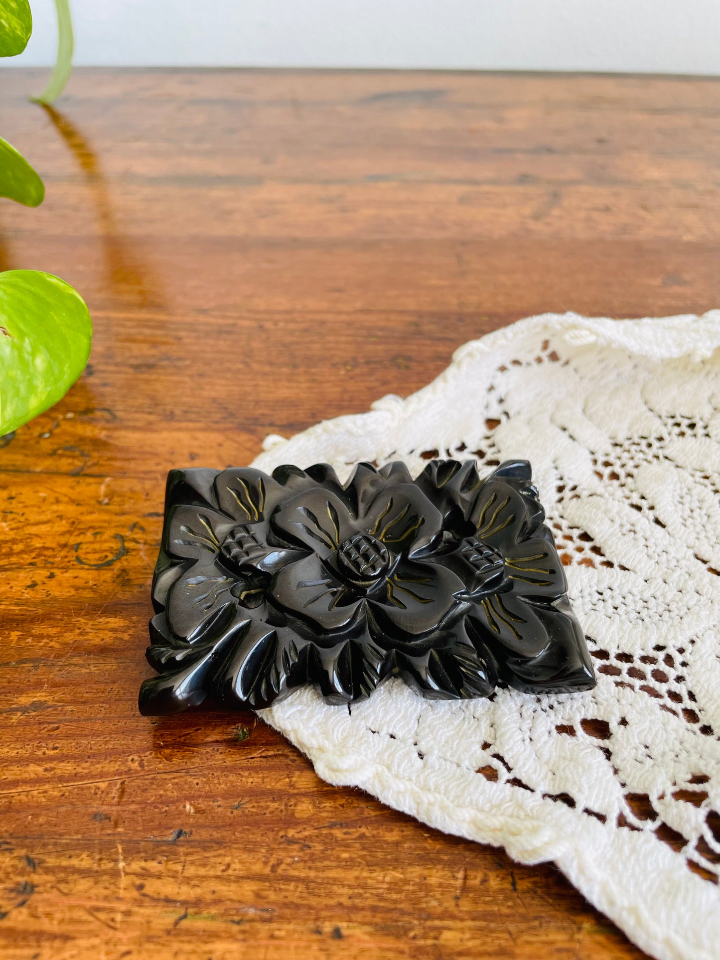 Black Bakelite Brooch Pin with Flower Design