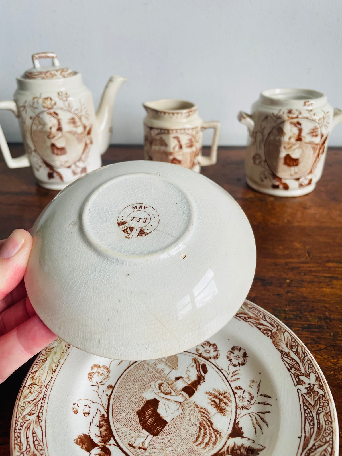 Antique Late Victorian 1880-1890 "Little May / Mae" Pattern 753 Sepia Brown Transferware Children's Toy Tea Set - Charles Allerton & Sons England - Plates, Bowl, Creamer, Biscuit Jar & Teapot - Set of 6 Pieces