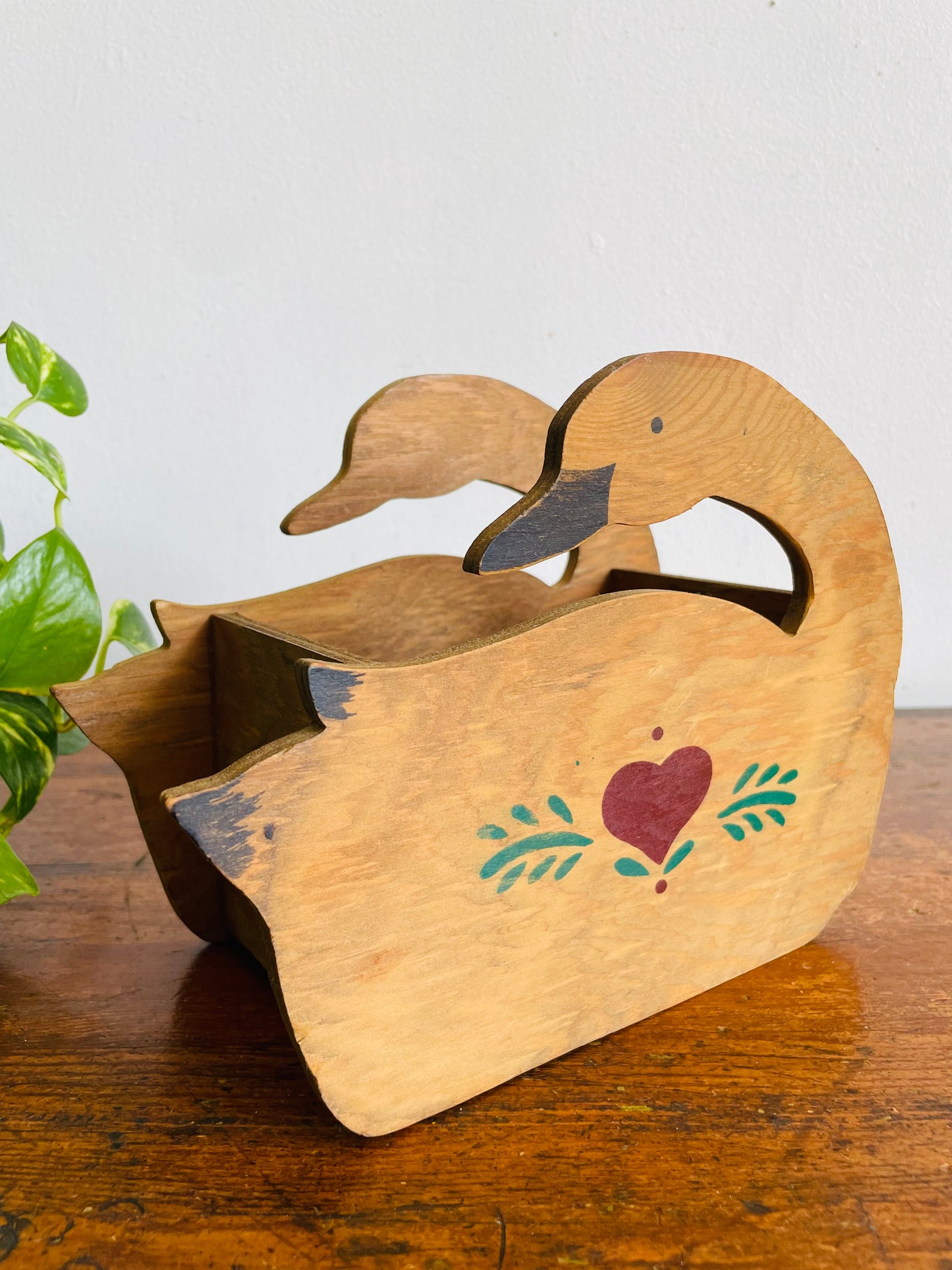Vintage Folk Art Wood Swan Caddy Box Holder with Heart & Leaf Design - Trinkets, Planter, Napkins, Etc.