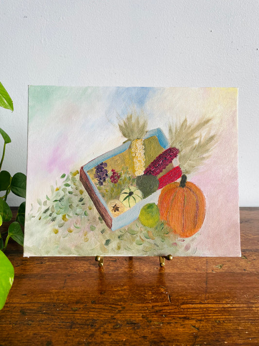 Vintage Original Art Painting of Fall Harvest Scene on Board with Pumpkins, Squash & Corn - 8" x 10"