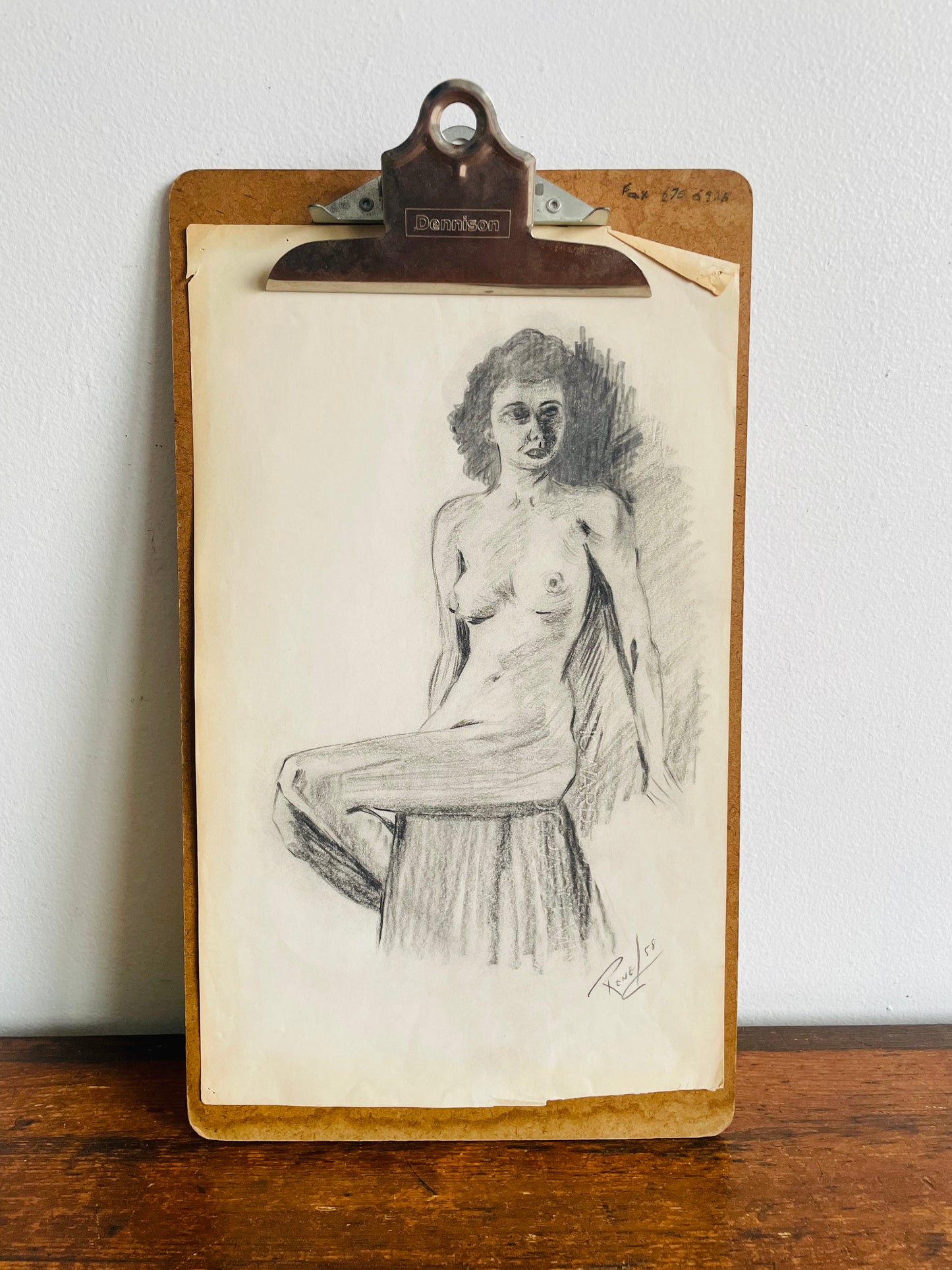 1958 Original Art Academic Nude Portrait Study Sketch on Paper of Woman - Signed Rene