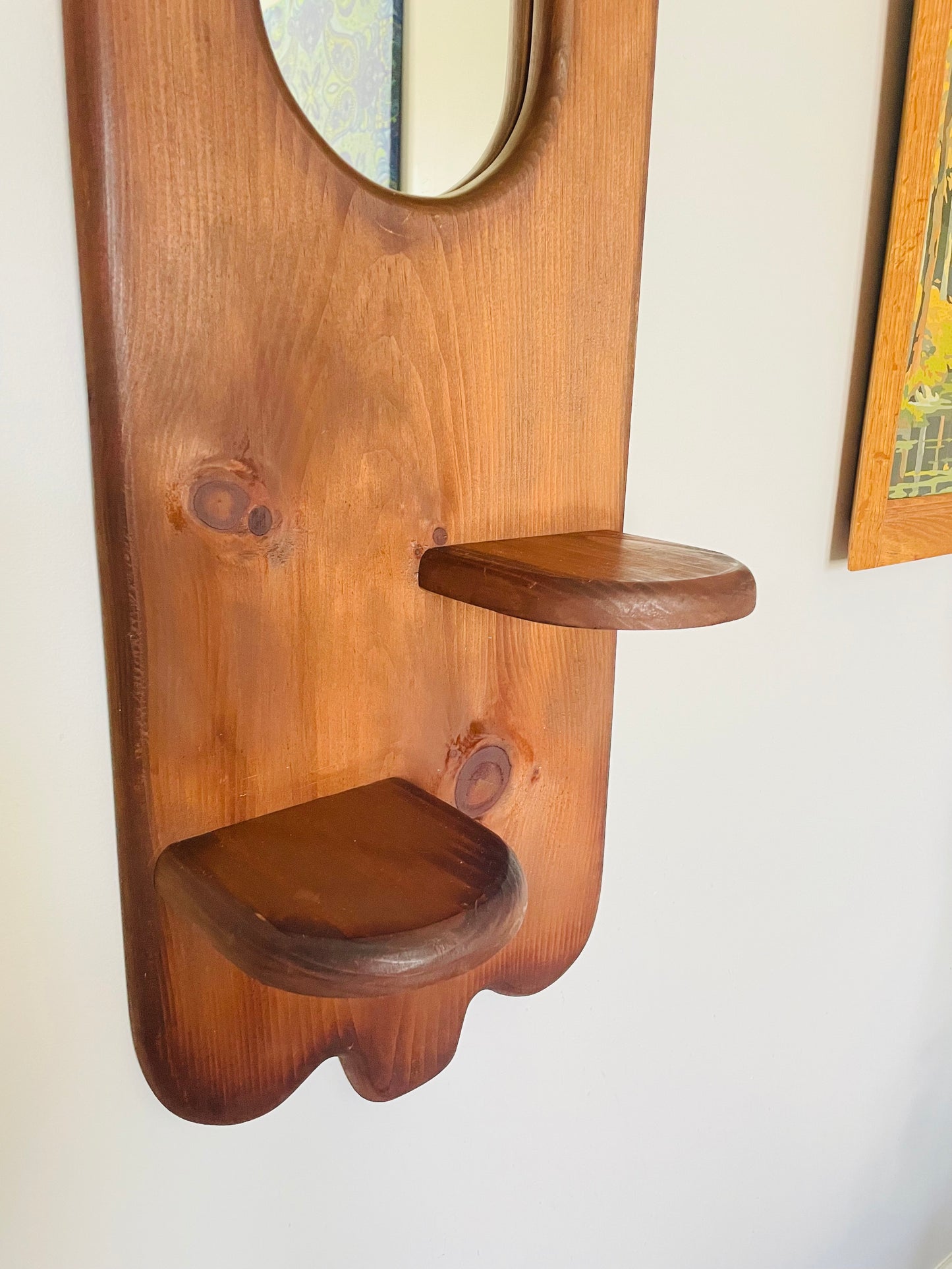 Vintage Organic Wavy Shaped Wood Mirror with Two Shelf Ledges - 3.5 Feet Long - No Shipping