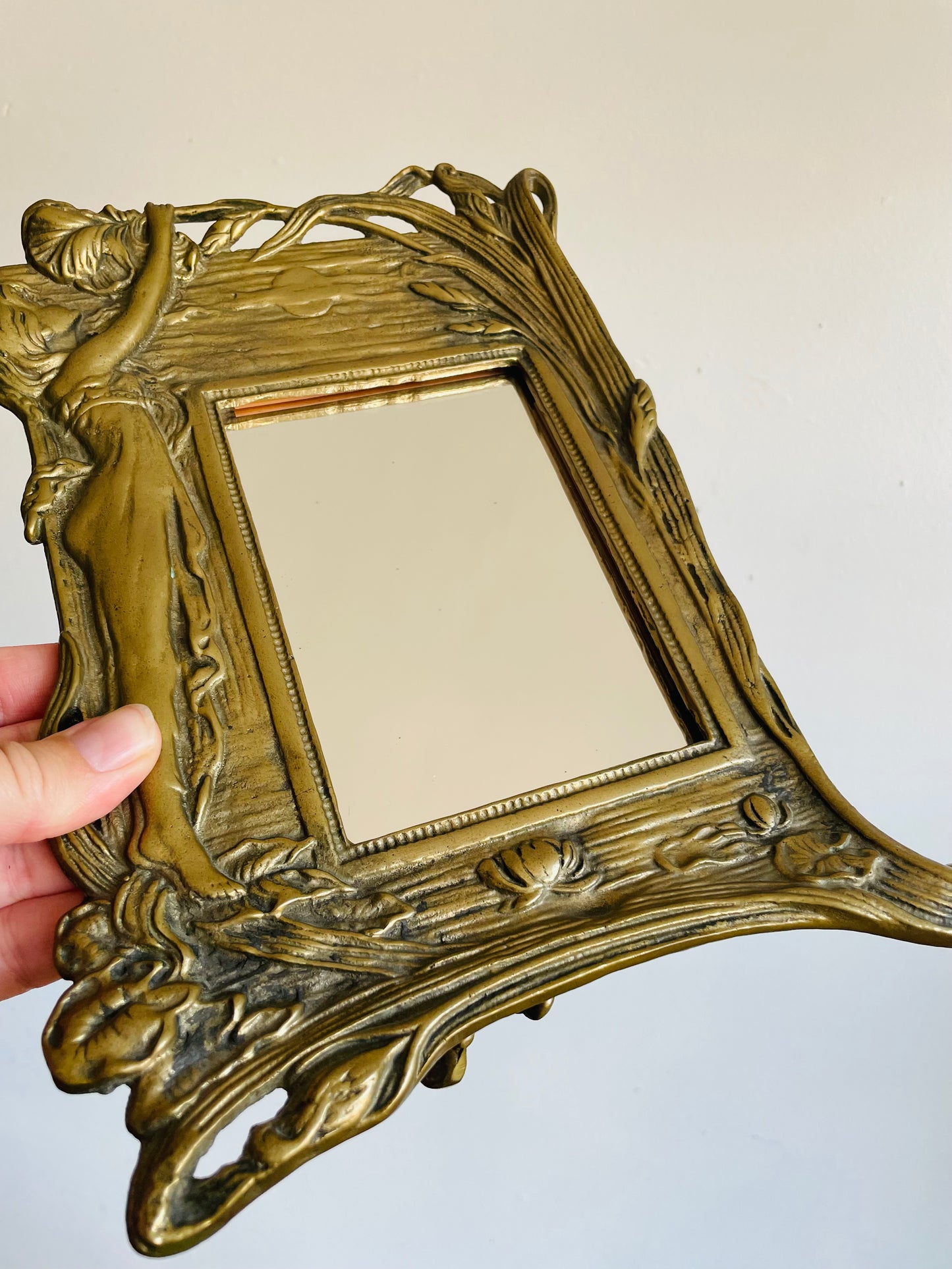 Vintage Heavy Brass Art Nouveau Easel Back Mirror with Fairy Nymph Maiden Under Sun with Flowers - Could Use as a Picture Frame as Well!