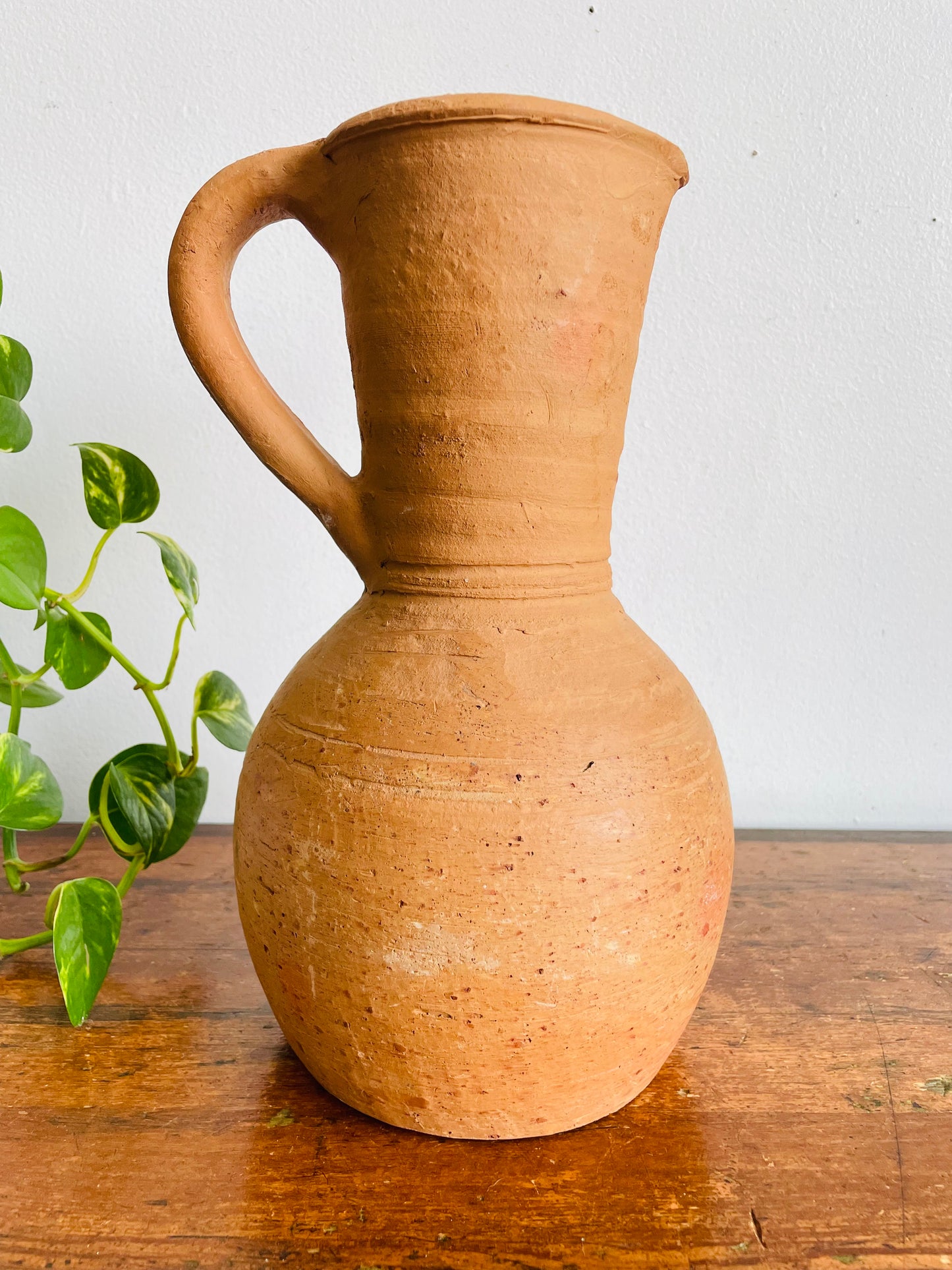 Vintage Rustic Earthenware Terracotta Clay Pitcher Jug Vase with Handle