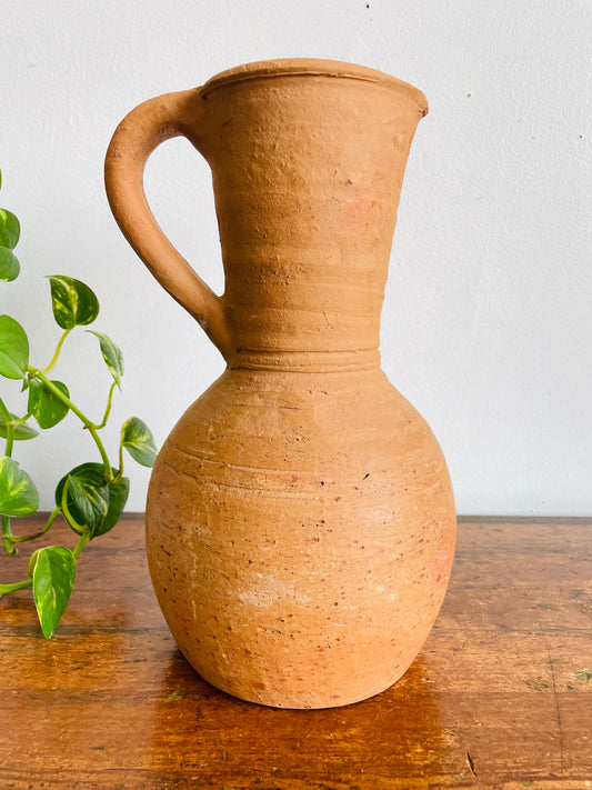 Vintage Rustic Earthenware Terracotta Clay Pitcher Jug Vase with Handle