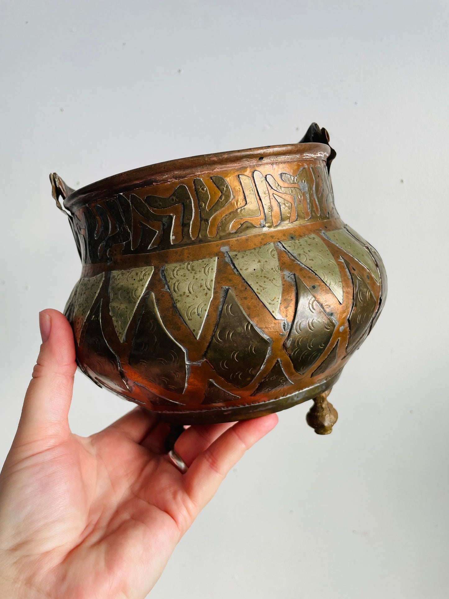 Vintage / Possibly Antique Turkish Hammered Copper Cauldron Pot with Brass & Mixed Metal Geometric Design & Swing Handle - Makes a Great Planter!