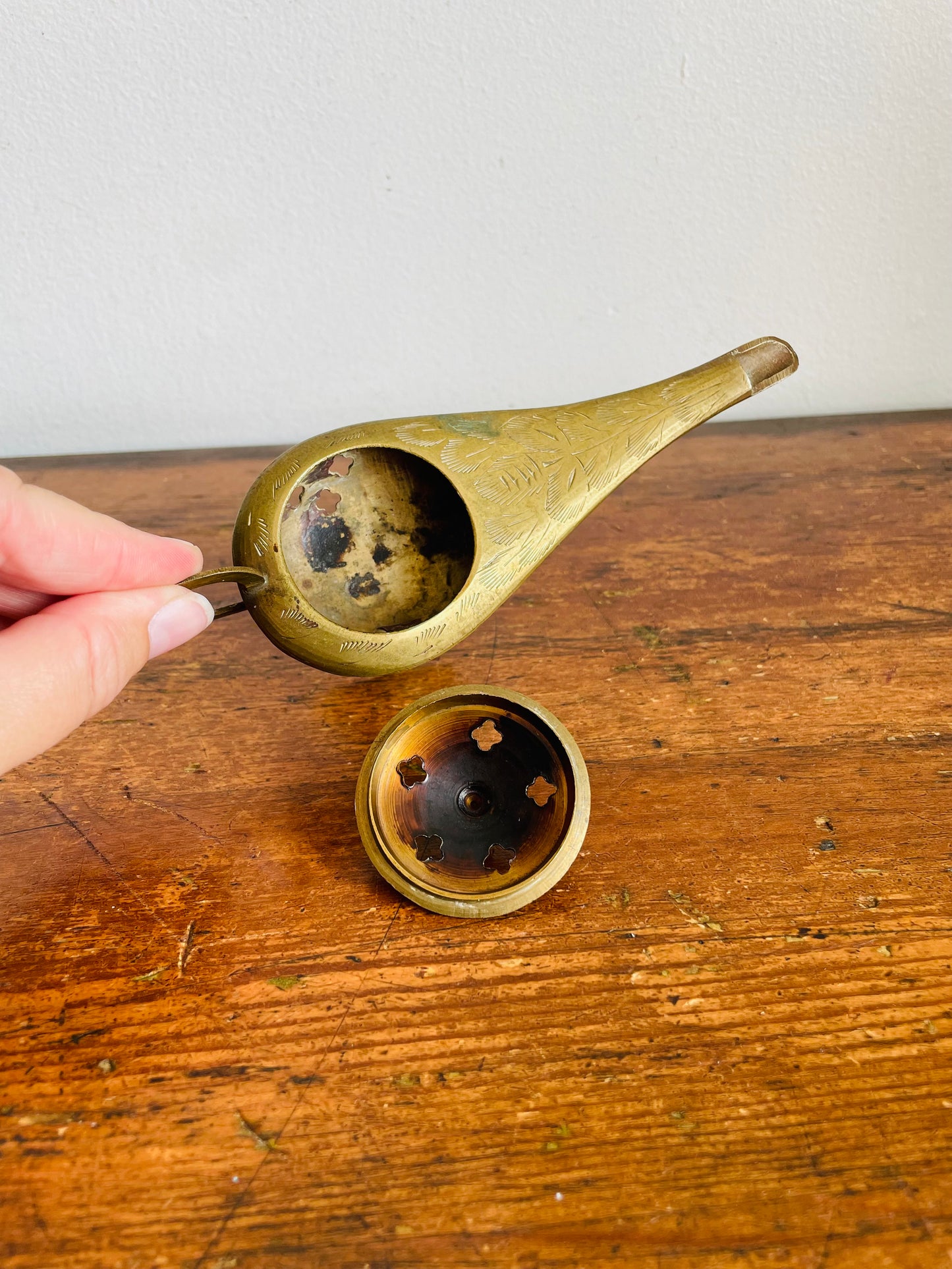 Vintage Solid Brass Aladdin Genie Lamp Cone Incense Burner