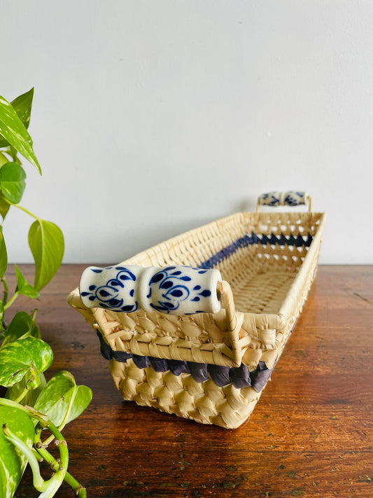 Light Woven Basket with Blue Stripe & Ceramic Handles