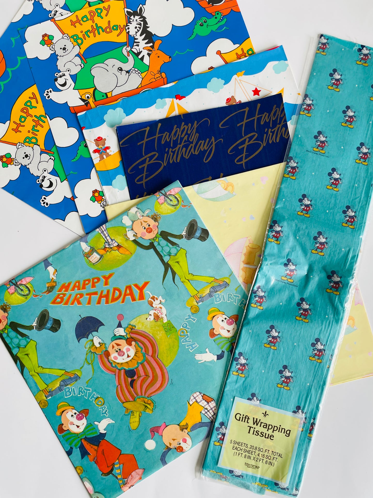 Vintage Wrapping Paper / Gift Wrap Bundle - Scrapbooking, Collage Art, DIY, Crafts, Etc. - Happy Birthday / Children Theme