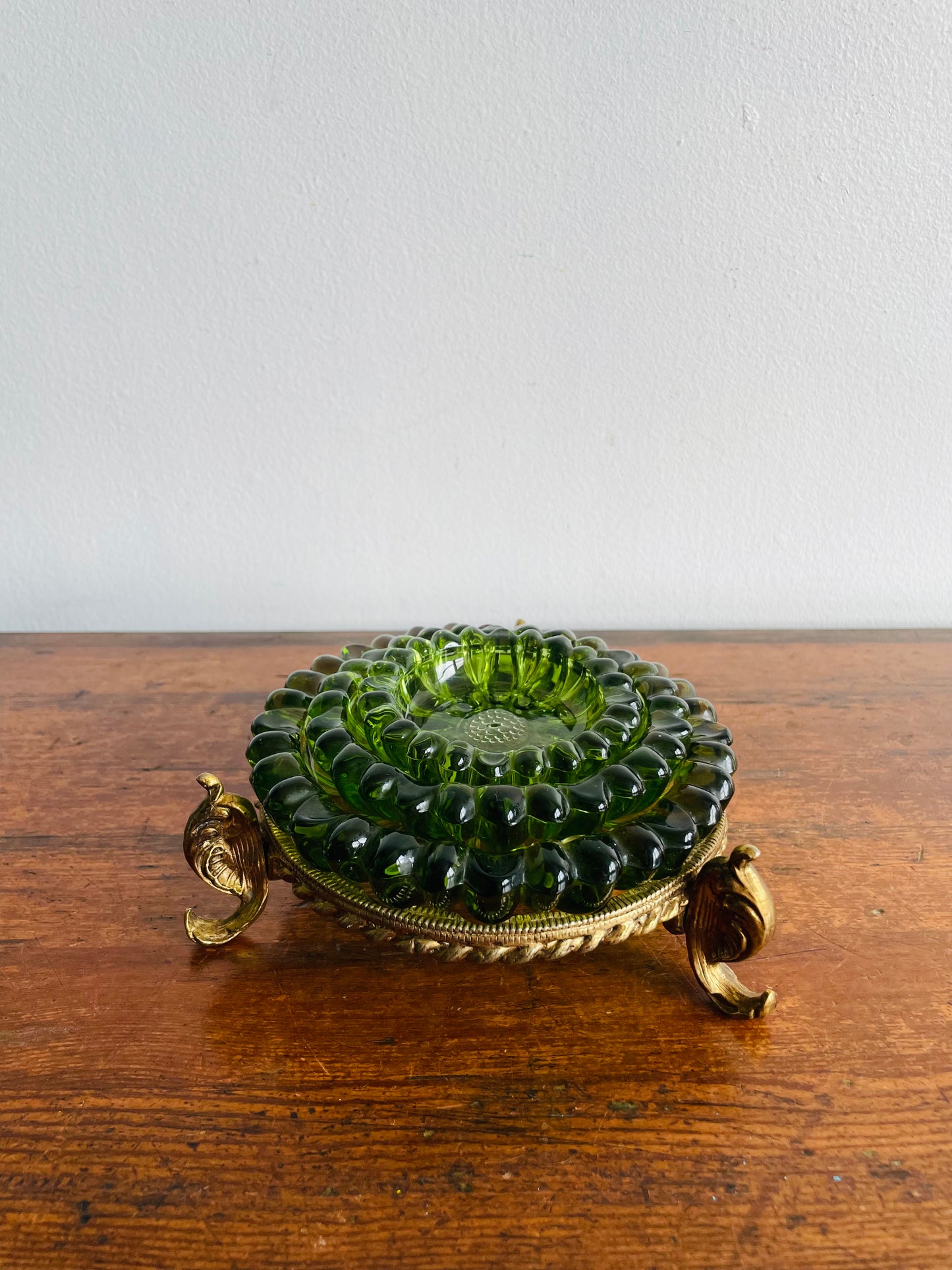 Hazel Atlas Green Glass Nesting Flower Ashtrays or Trinket Dishes in Solid Brass Holder - Set of 4 Pieces