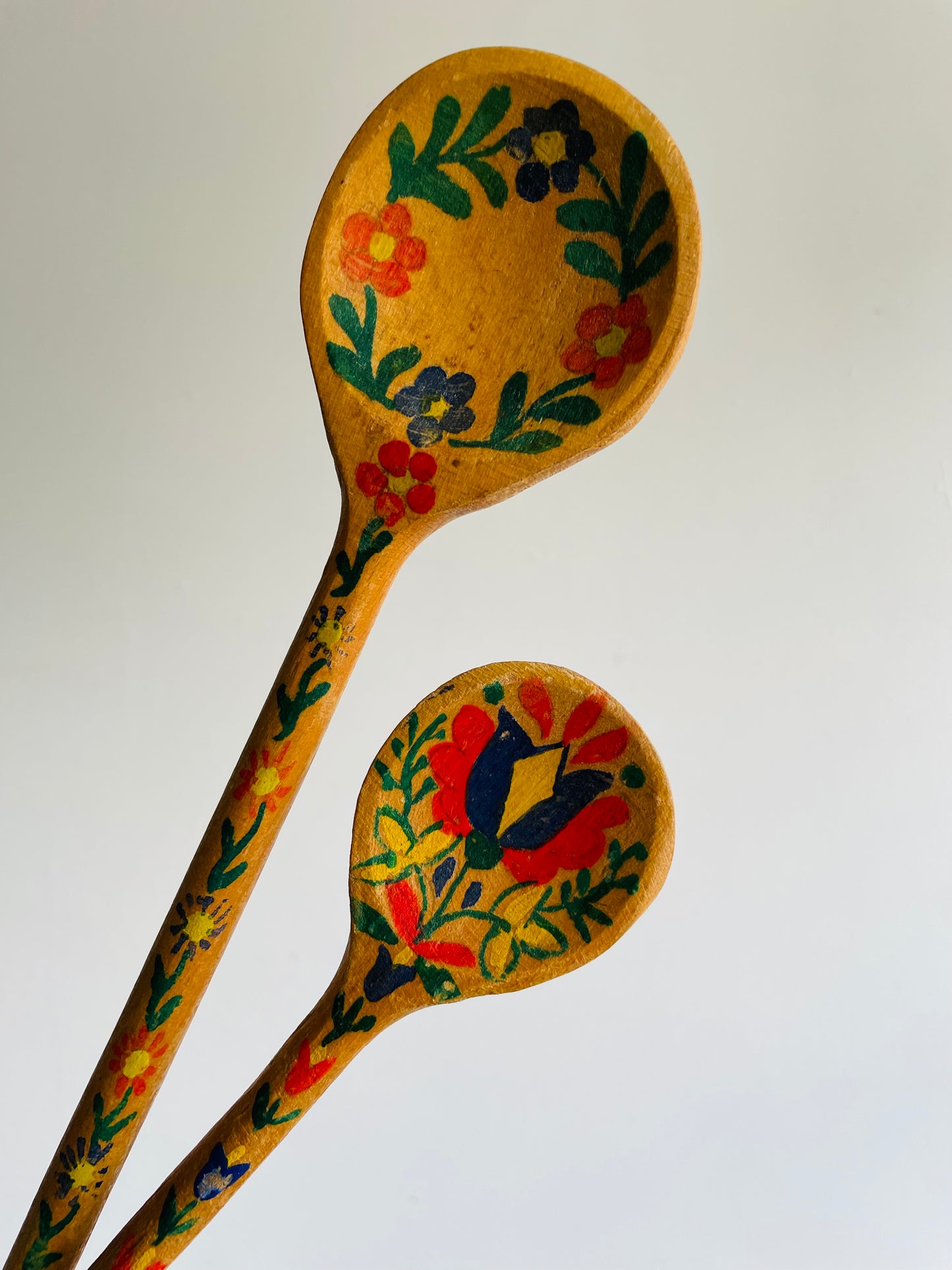 Hand Painted Wooden Spoons with Folk Art Flower Design - Set of 2