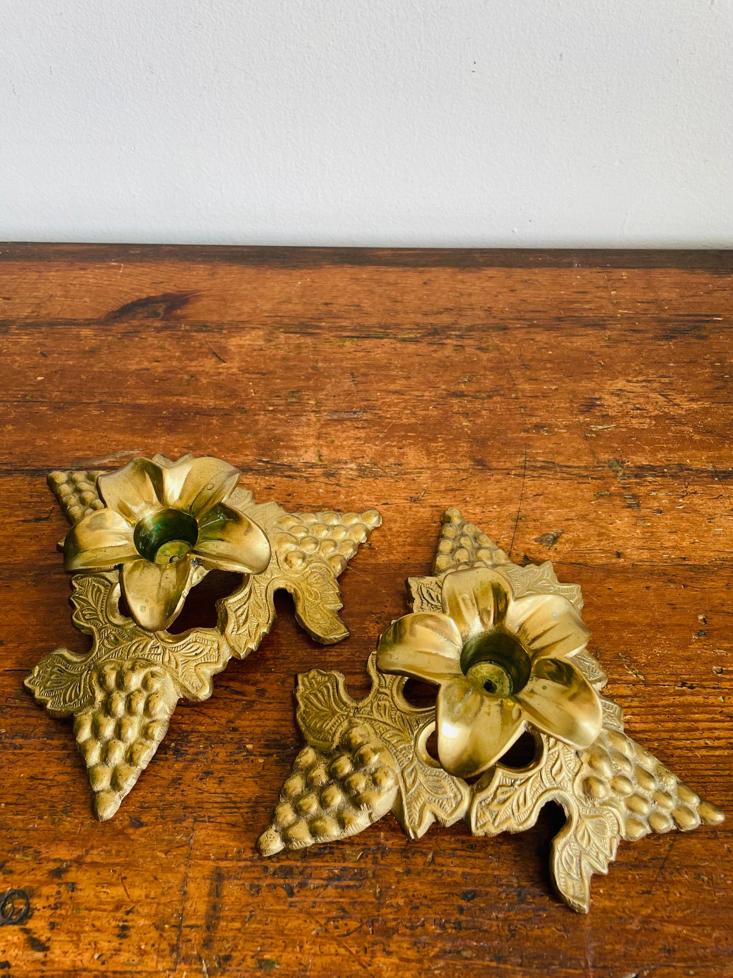 Vintage Solid Brass Candle Holders with Elaborate Grape & Leaf Design - Made in India - Set of 2