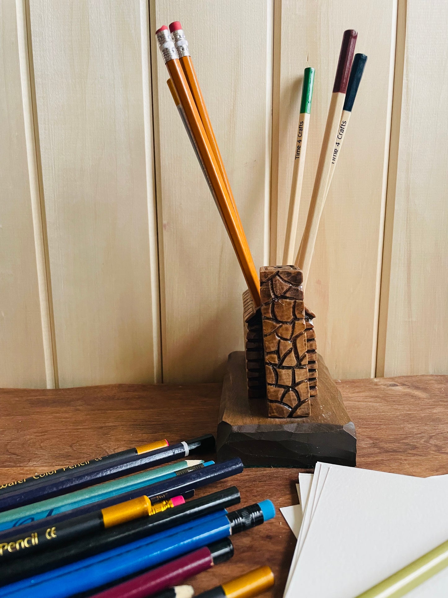 Handmade Carved Wood Log Cabin Pen or Pencil Holder