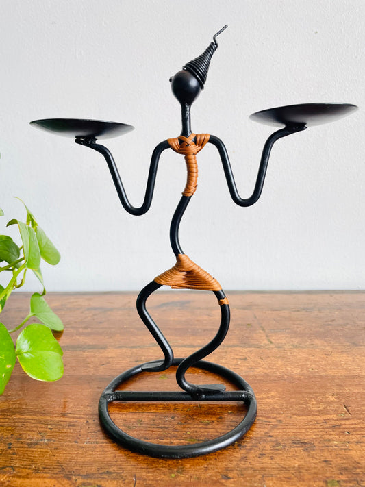 Vintage Mid-Century Modern 1960s Danish Black Iron & Rattan Dancing Man Candle Holder - Designed by Laurids Lønborg