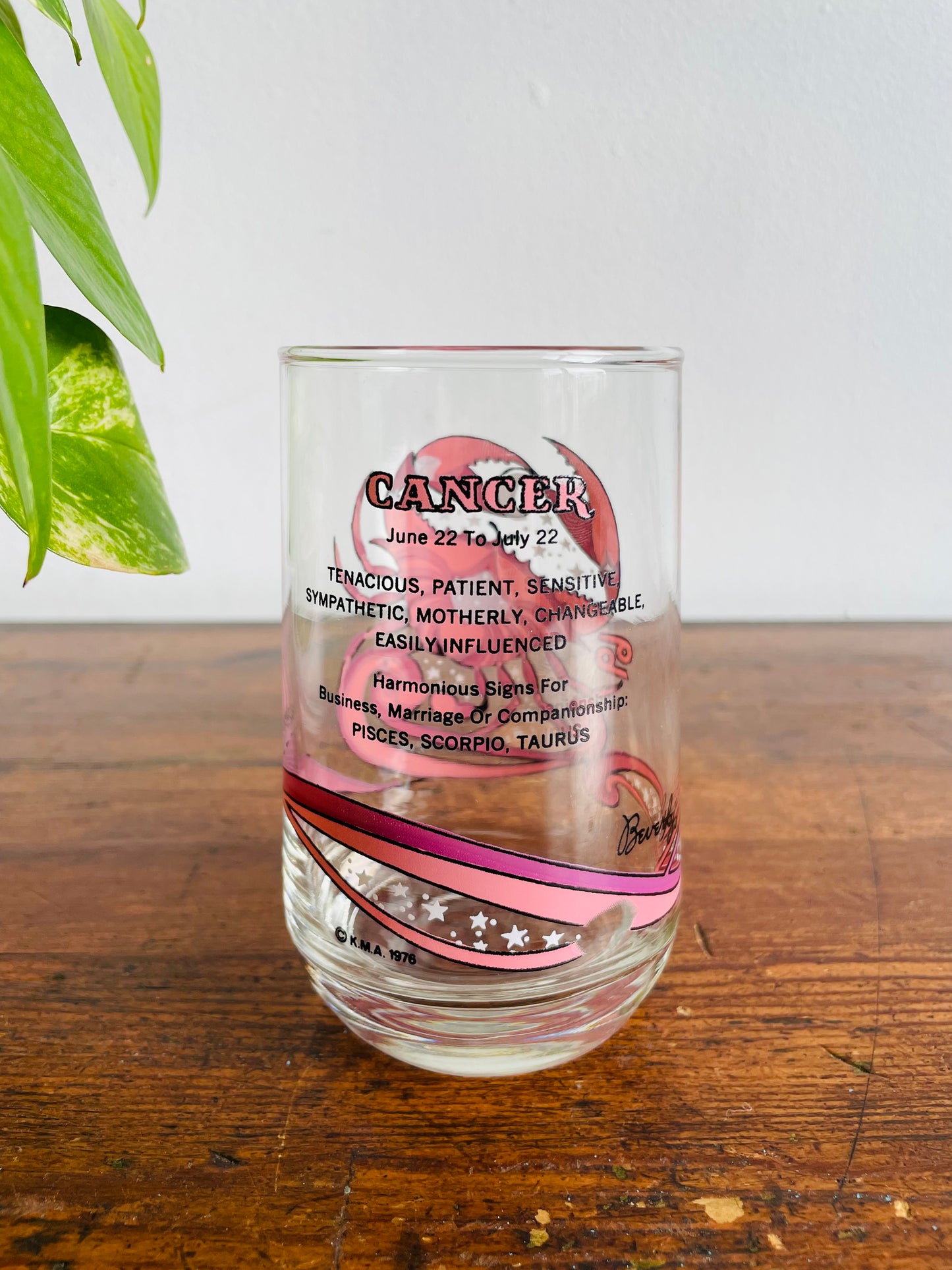 1976 K.M.A. Beverly Arby's Astrology Zodiac Drinking Glass - Cancer Crab Sign - June 22 to July 22 Birthdays