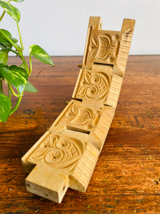 Vintage Norwegian Articulated Butter Mold or Cheese Form Wood Press with Scandinavian Folk Art Design