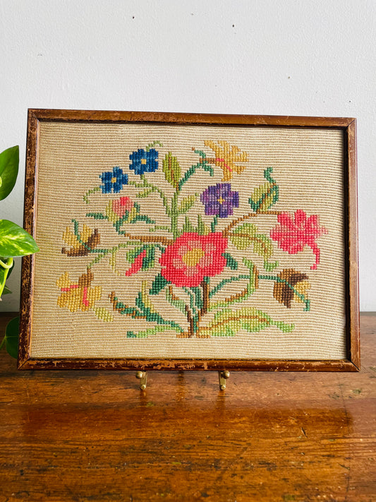 Vintage / Possibly Antique Needlepoint Embroidery Picture with Flowers - Labelled The Medici Society Ltd. England