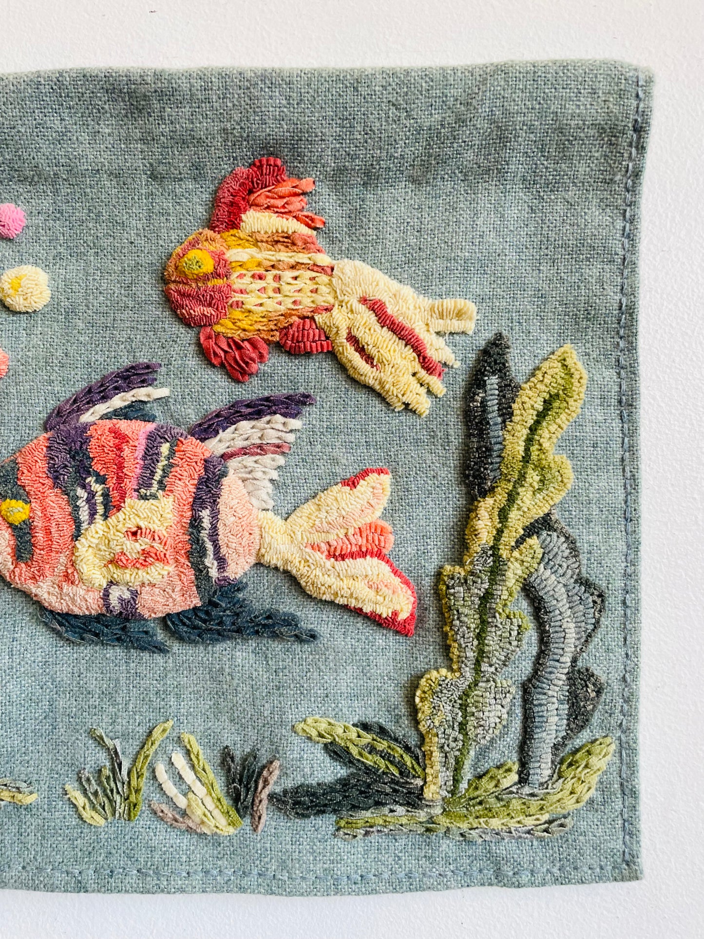 Vintage 1994 Handmade Punch Needle Art Embroidery Wall Tapestry Hanging Picture with Under the Sea Fish & Seaweed Design